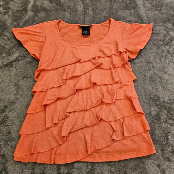attention Tops - Attention Womens Coral Orange Tiered Ruffle Front Scoop Neck Top XS Slub Knit